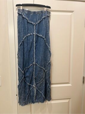 Denim Fringe Panel Maxi Skirt - Blue size L 42” Long